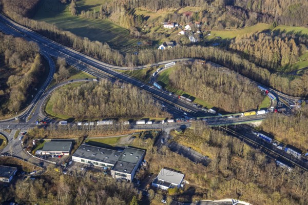 Aerial view, truck traffic jam at the Lüdenscheid exit of the A45 Sauerlandlinie motorway due to