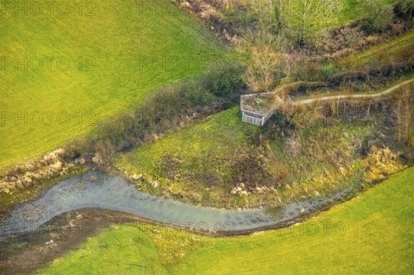 Aerial view of the national nature reserve Lippeauen at the river Lippe with the observation hut