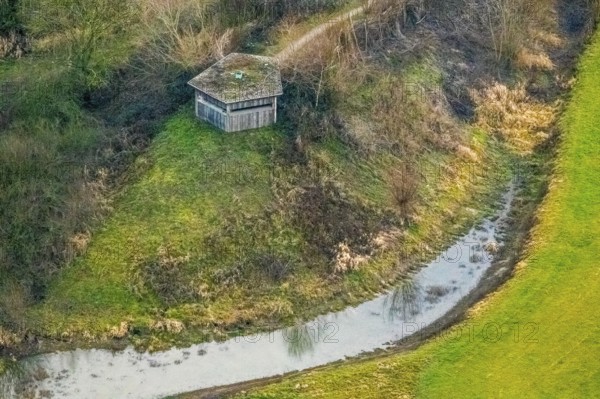 Aerial view of the national nature reserve Lippeauen at the river Lippe with the observation hut
