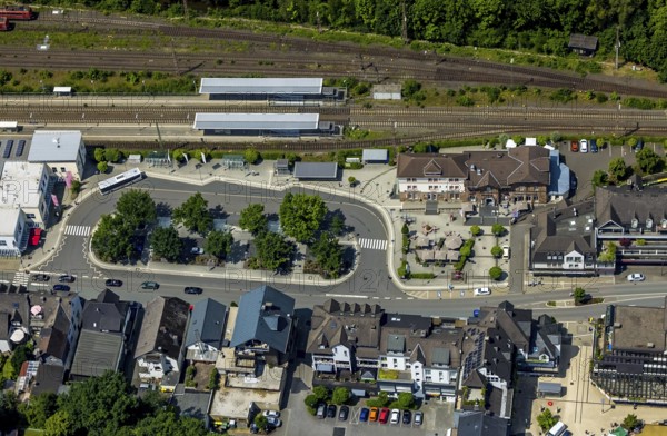 Aerial view, railway station and station building, Altenhundem, Lennestadt, Sauerland, North