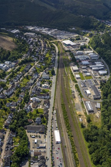 Aerial view, industrial area railway depot, Altenhundem, Lennestadt, Sauerland, North
