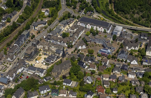 Aerial view, town centre, town hall, St. Agatha Catholic Parish Church, market place, Altenhundem,