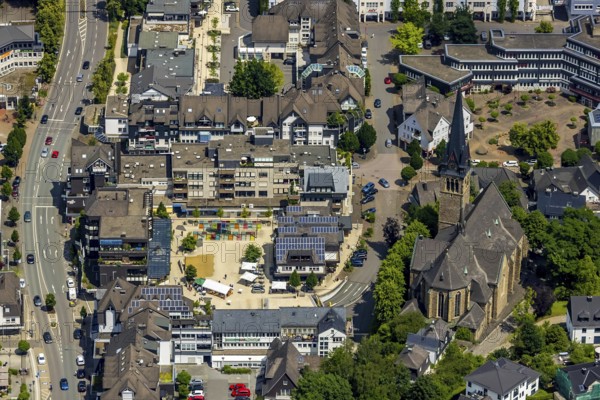 Aerial view, city centre with market place, Catholic parish church St. Agatha, Altenhundem,