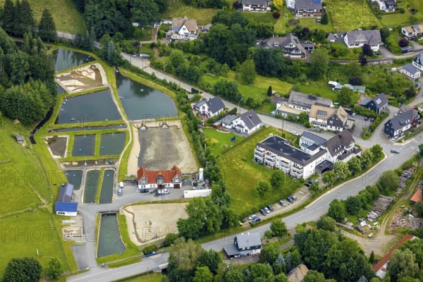 Aerial photo, Sauerland trout farm Rameil, fish ponds, Langenei, Lennestadt, Sauerland, North