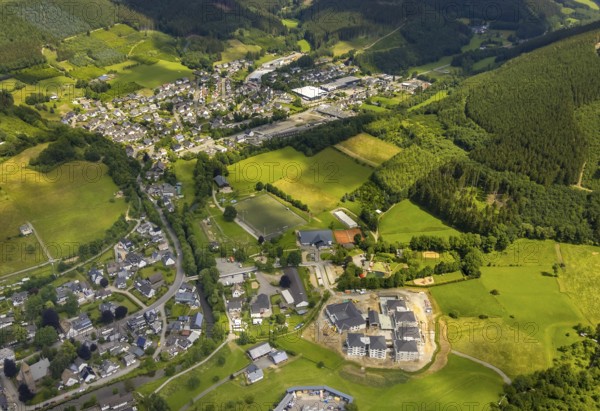 Aerial view, new senior-friendly residential complex WohnGut, spa and community centre, natural