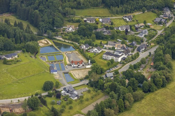 Aerial photo, Sauerland trout farm Rameil, fish ponds, Langenei, Lennestadt, Sauerland, North