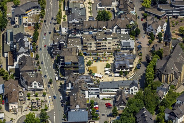 Aerial view, city centre with market place, Catholic parish church St. Agatha, Altenhundem,