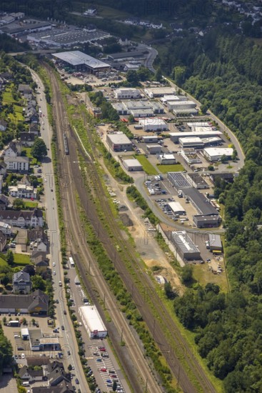 Aerial view, industrial area railway depot, Altenhundem, Lennestadt, Sauerland, North