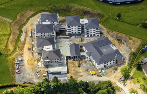 Aerial view, new senior-friendly residential complex WohnGut, Saalhausen, Lennestadt, Sauerland,