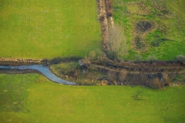 Aerial view of the national nature reserve Lippeauen at the river Lippe with the observation hut
