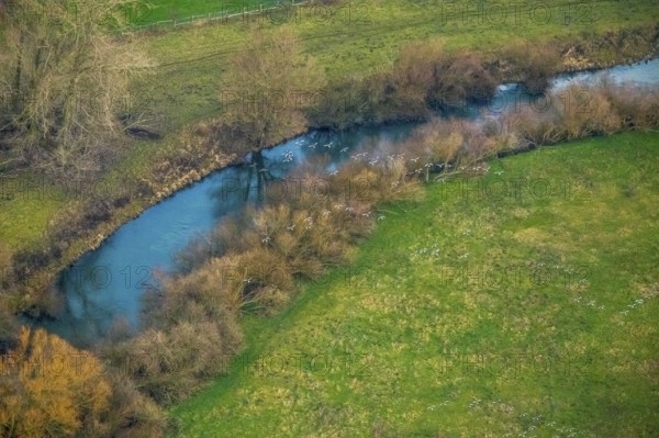 Aerial view of the national nature reserve Lippeauen at the river Lippe with the observation hut