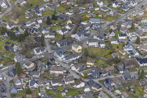 Aerial view, Littfeld town centre with Kapellenschule citizens' meeting place, Littfeld, Kreuztal,