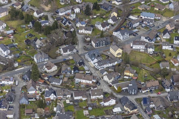 Aerial view, Littfeld town centre with Kapellenschule citizens' meeting place, Littfeld, Kreuztal,
