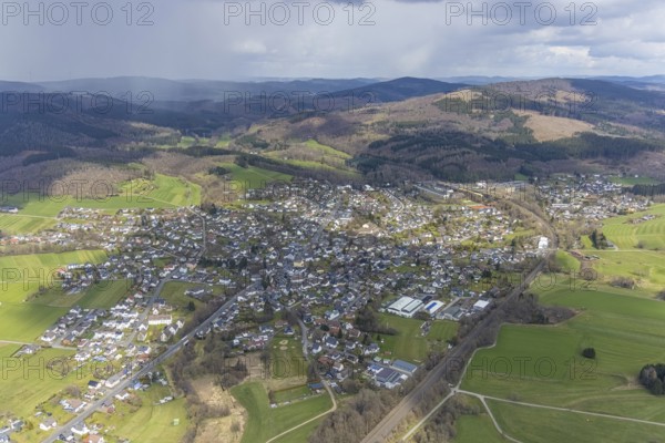 Aerial view, forests near Burgholdinghausen and view of Littfeld, Kreuztal, Sauerland, North
