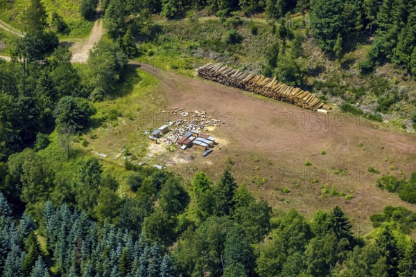 Aerial view, wood storage area in the forest sports ground GymSL, Altenhundem, Lennestadt,