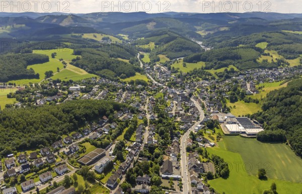 Aerial view, view of Grevenbrück and St. Nicholas Church, Lennestadt, Sauerland, North