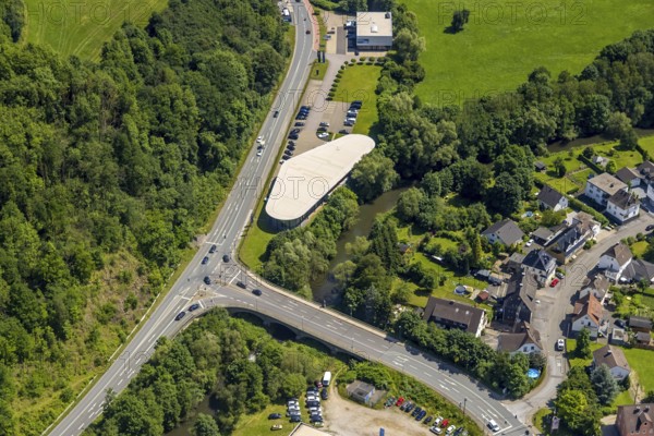Aerial view, Mercedes-Benz car dealer, Grevenbrück, Lennestadt, Sauerland, North Rhine-Westphalia,