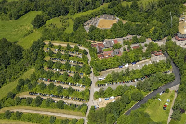 Aerial view, Elspe festival site, Elspe, Lennestadt, Sauerland, North Rhine-Westphalia, Germany,
