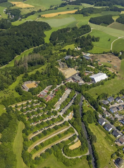 Aerial view, Elspe festival site, Elspe, Lennestadt, Sauerland, North Rhine-Westphalia, Germany,