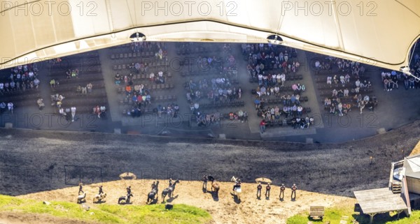 Aerial view, Elspe festival area, horse parade, spectators under the tent roof, Niedermelbecke,
