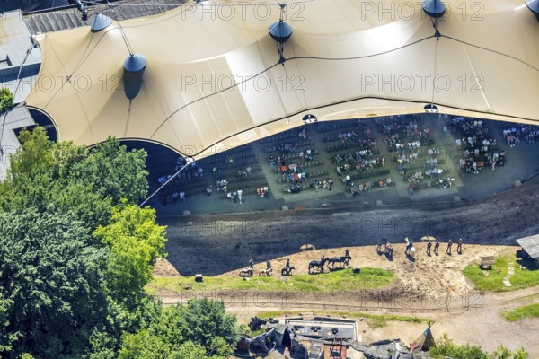 Aerial view, Elspe festival area, horse parade, spectators under the tent roof, Niedermelbecke,