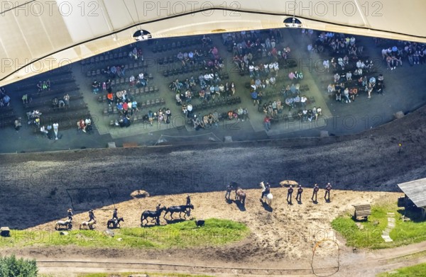 Aerial view, Elspe festival area, horse parade, spectators under the tent roof, Niedermelbecke,