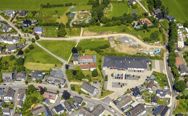 Aerial view, Penny supermarket and construction site Seilmecke in Elspe, Lennestadt, Sauerland,