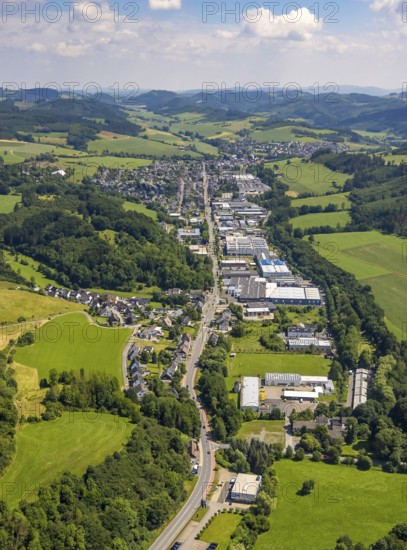 Aerial view, industrial estate Bielefelder Straße an der Lenne, Grevenbrück, Lennestadt, Sauerland,