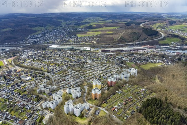Aerial view, residential area with high-rise buildings on Eggersten Ring, Kreuztal, Sauerland,