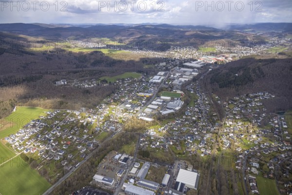 Aerial view, industrial park Ferndorftal, Kredenbach, Kreuztal, Sauerland, North Rhine-Westphalia,