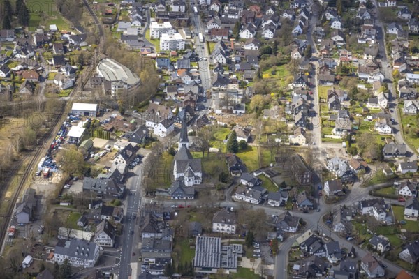 Aerial view, Evang. Laurentius Church and Local History Museum in the district of Ferndorf,
