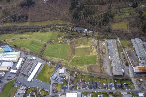 Aerial view, fallow land at Mühlenweg in Ferndorf, Kreuztal, Sauerland, North Rhine-Westphalia,