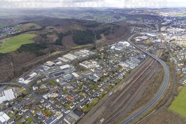 Aerial view, Hüttentalstraße, commercial area Siegener Straße, Buschhütten, Kreuztal, Sauerland,