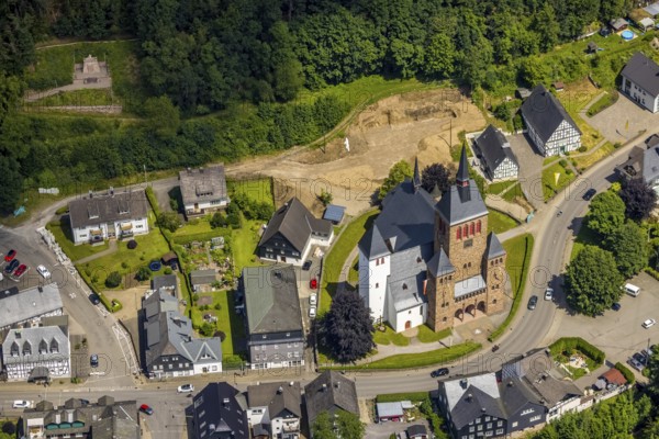 Aerial view, Church of St. Peter and Paul, Kirchhundem, Sauerland, North Rhine-Westphalia, Germany,