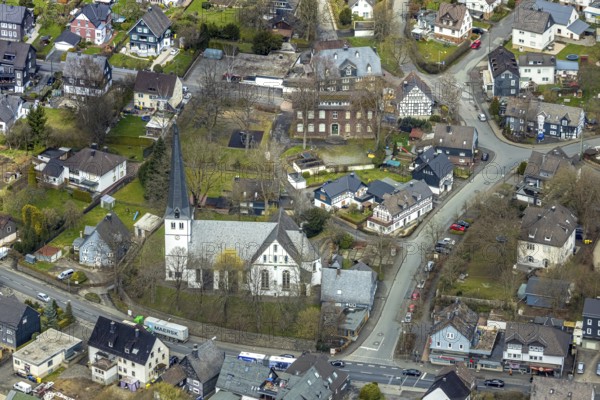Aerial view, Evang. Laurentius Church and Local History Museum in the district of Ferndorf,