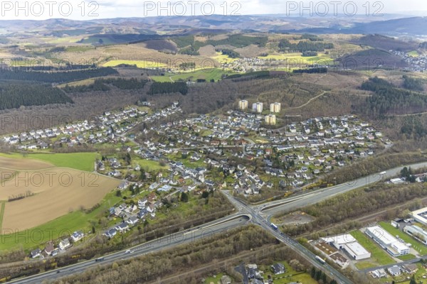Aerial view, Hüttentalstraße and district Buschhütten, Kreuztal, Sauerland, North Rhine-Westphalia,
