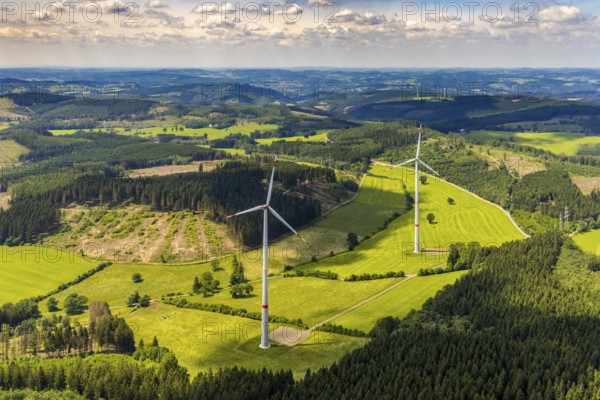 Aerial view, wind turbine at Rahrbach, forest area with forest damage, Welschen-Ennest,