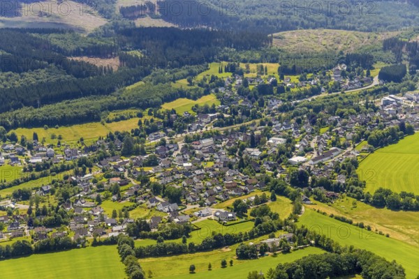 Aerial view, forest area with forest damage, local view Welschen-Ennest, Kirchhundem, Sauerland,