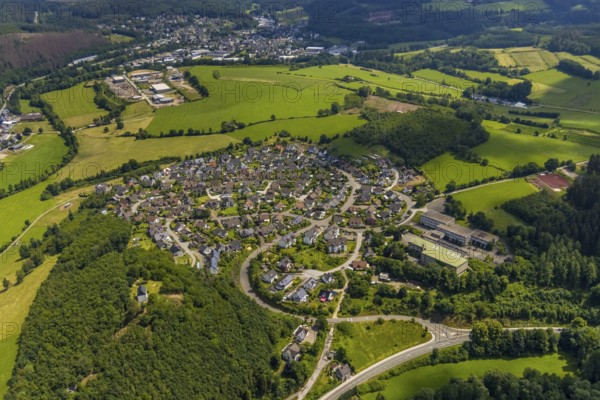 Aerial view, aerial view Kirchhundem, Kirchhundem secondary school, Kreuzberg chapel in the forest,