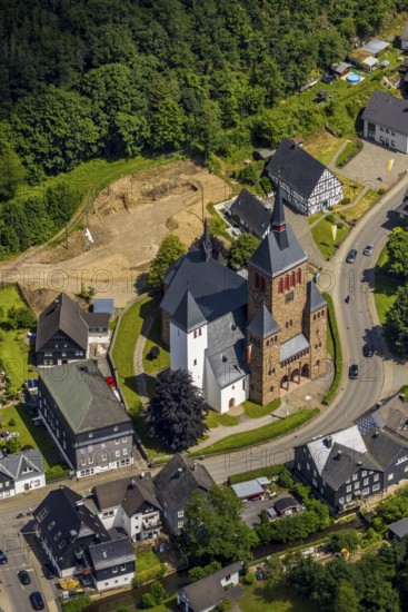 Aerial view, Church of St. Peter and Paul, Kirchhundem, Sauerland, North Rhine-Westphalia, Germany,