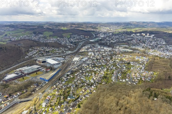 Aerial view, Hüttentalstraße, B54, commercial area Siegener Straße, Buschhütten, Kreuztal,