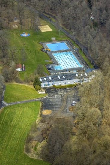 Aerial view, warm water outdoor swimming pool Buschhütten, Buschhütten, Kreuztal, Sauerland, North