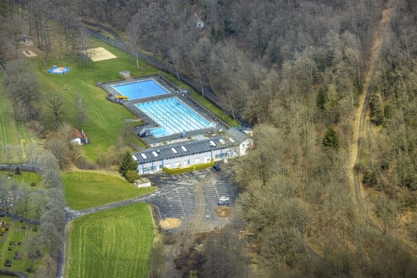 Aerial view, warm water outdoor swimming pool Buschhütten, Buschhütten, Kreuztal, Sauerland, North