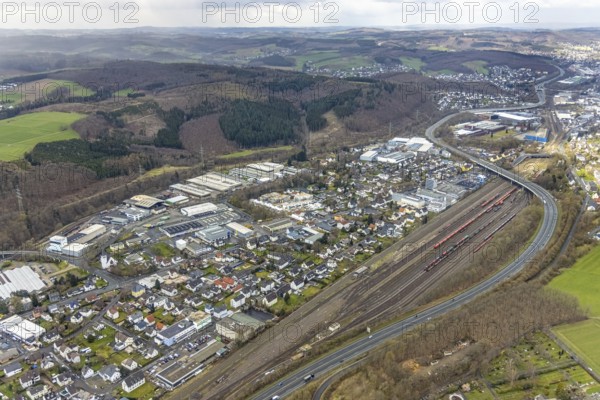Aerial view, Hüttentalstraße, B54, commercial area Siegener Straße, Buschhütten, Kreuztal,
