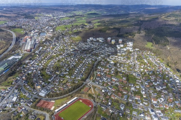 Aerial view, view of Kreuztal and Stählerwiese stadium, roundabout and construction site