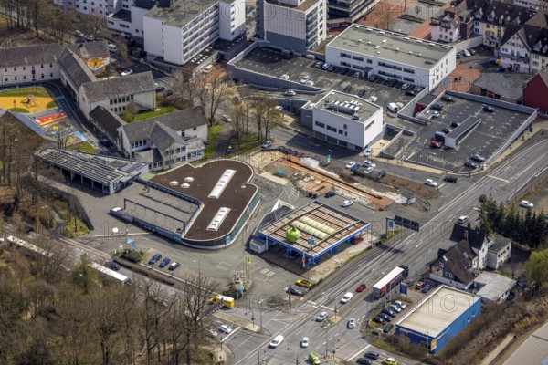 Aerial view, BEST CARWASH Hoffmann GmbH and shopping centre at the market place Kreuztal, Kreuztal,