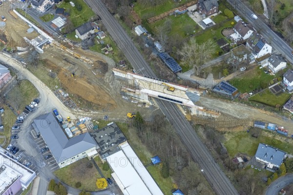 Aerial view, construction site and replacement construction of the DB bridge and new road