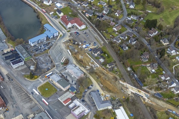 Aerial view, construction site and replacement construction of the DB bridge and new road