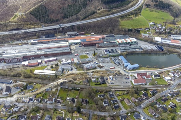 Aerial view, construction site and replacement construction of the DB bridge and new road