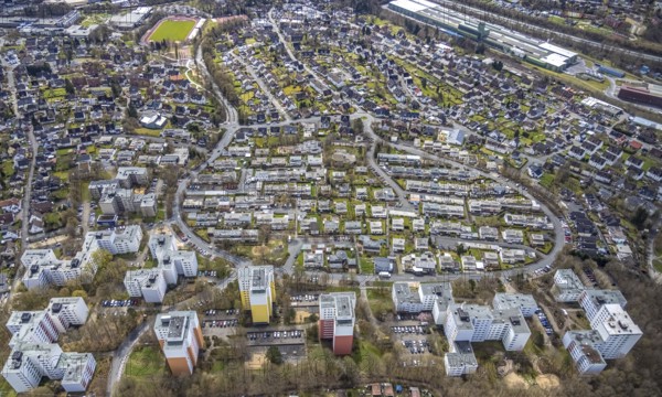 Aerial view, residential area with high-rise buildings on Eggersten Ring, Kreuztal, Sauerland,
